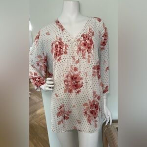 Women’s Rose + Olive Pink Floral Polka Dot 3/4 Sleeve Pin Tuck Top Blouse 2X
